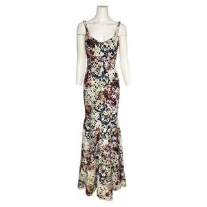 Nicole Miller Colorful Floral Print Lace Trumpet Gown Maxi Evening Dress Size 6